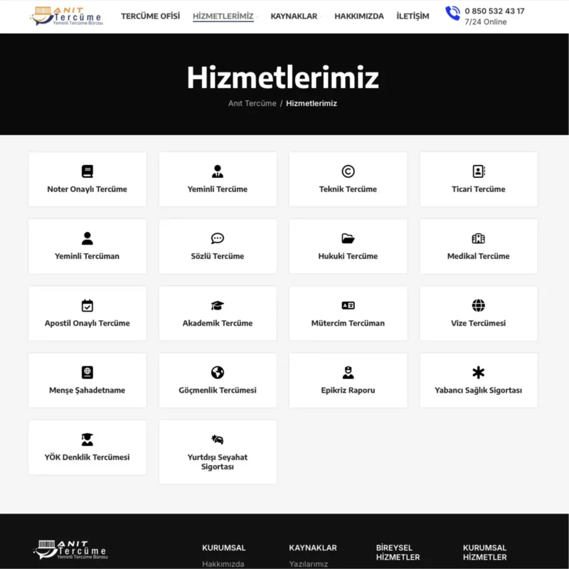 Anıt Tercüme Web Sitesi Hizmetler Sayfası Tasarımı Anıt Tercüme Web Sitesi Hizmetler Sayfası Tasarımı